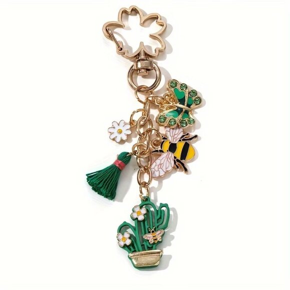 Handbags - Spring Cacti, Cactus, Bumble bee, flowers, butterfly Gold Bag Charm Keychain